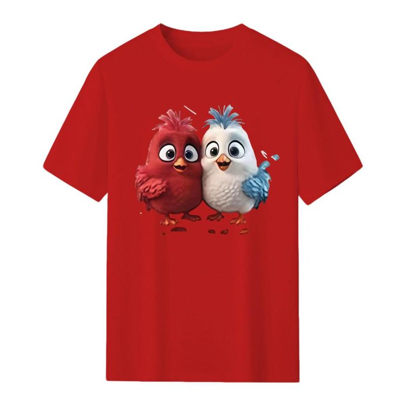 Women's Red Cropped Cotton T-Shirt - Cute Cartoon Birds Graphic, Fitted H-Type Cut, Soft Lightweight Fabric, Short Sleeves, Casual Valentine's Day/New Year Style Top, Heat Transfer, Do Not Bleach