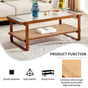 Modern Rectangular Glass Desktop Coffee Table Rattan Woven Edge Coffee Table Living Room