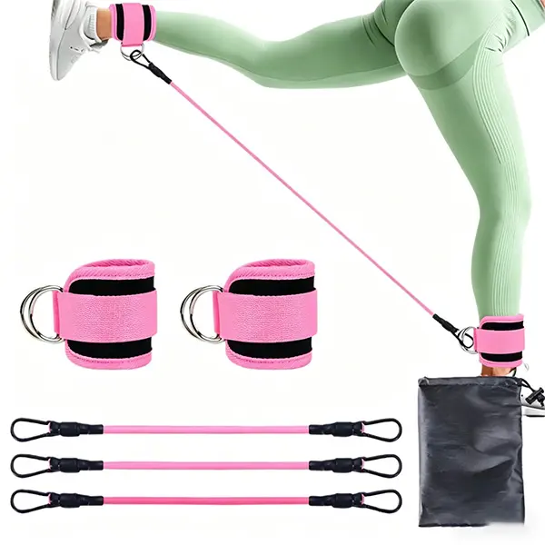 Pink Yoga Stretching Bands with Ankle Straps & Carry Bag - Workout Equipment for Home Fitness Support, Flex Pilates for Pilates Lovers, Home Workout