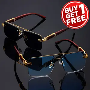 2pcs Vintage Fashion Glasses - Frameless, Wooden Pattern Temple, Classic Style for Women & Men