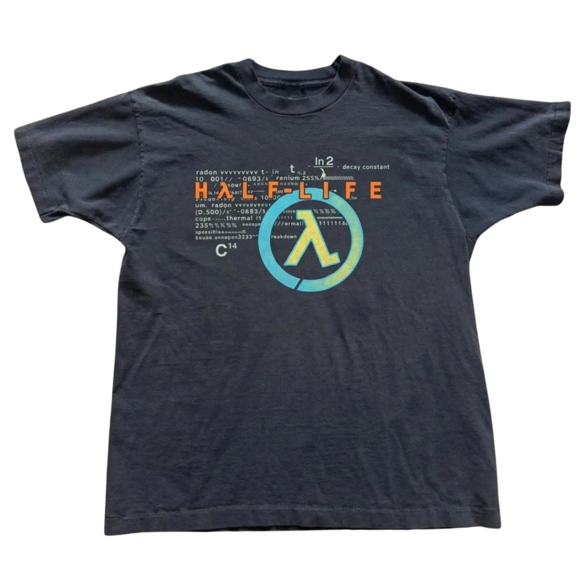 Retro Half-Life 2 Lambda Logo Graphic T-Shirt, Classic Sci-Fi Video Game Code Equation Graphic with Bright Teal and Yellow Emblem, Unisex Black Streetwear Tee, PC Gamer Outfit