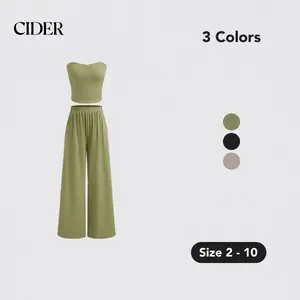 Cider [3 colors, size 2-10] Ribbed Tube Top & Stretchy Straight Leg Trousers with Pockets, Summer Outfit, Baddie sets