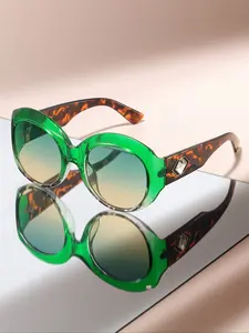 Large Frame Round Fashion Flat Mirror Legs Rhinestone Decor Shiny Luxury Trend Non-prescription Glasses, Casual Style All Seasons, Sunglasseswomen