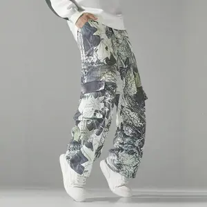 A pair of floral print work pants with straight legs, featuring a casual travel style with multiple pockets to meet storage needs, natural prints that are stylish and unobtrusive. The straight cut is neat and not bulky, making it comfortable and practical