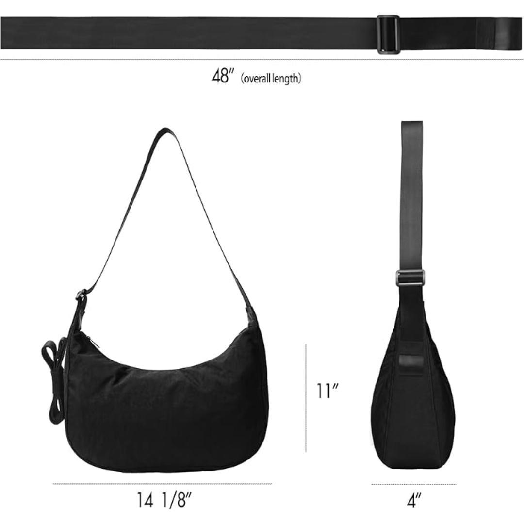 BAGGU Medium Nylon Crescent Bag - Casual & Spacious with Zippered Pockets & Adjustable Strap - 100% Recycled Nylon - Machine Washable - 13.75"x4"x8"