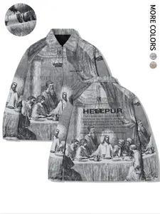 Men's Regular Fit Figure & Letter Print Pocket Zip Up Jacket, Casual Long Sleeve Collar Outerwear for Spring & Fall, Jackets for Men, Winter Clothing Men, Fashion Men's Clothes for Daily Wear Tops, Coat