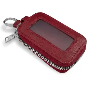 Car Key Fob Case, Genuine Leather Remote Keychain Bag, Car Smart Key Fob Protector Cover for Men Women (Wine Red)