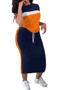 Women's 2-Piece Casual Colorblock Short-Sleeve Round Neck Medium Length Top and Skirt Set, Classy Outfits for Women's Clothes Womenswear Shortsleeve, 2 Piece Sets, Women 2 Piece Sets