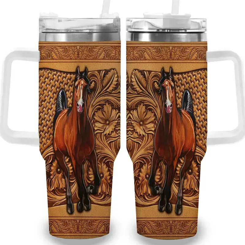 Intricate Horse and Floral Pattern Stainless Steel Lid & Straw Stainless Steel 20-40oz Tumbler Lid & Straw, Double Wall Insulated 40oz Tumbler, Gift for your Health