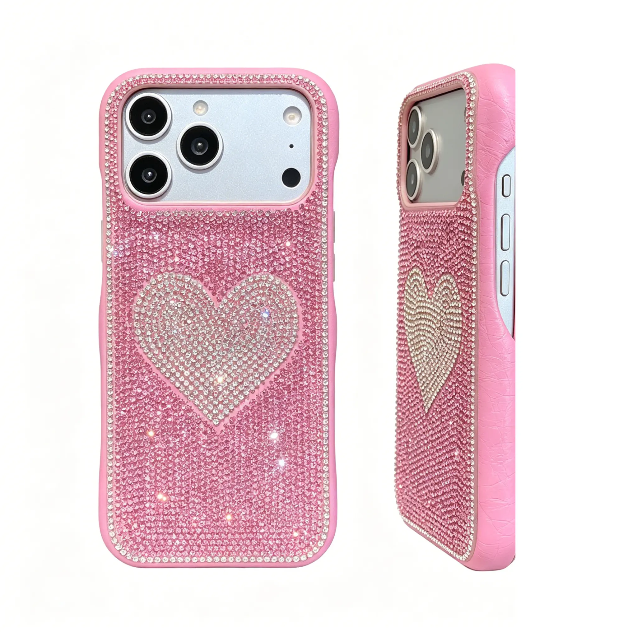 (Case & Nova) Full Rhinestone Heart Cellphone Casing, Bling Glass Diamond Shockproof TPU Protective Cover with Screen Protector for iPhone 13 Pro Max,14,15,16,17 Pro Max - Slim Stylish Cute Mobile Accessory for Girls with Camera & Button Protection, Full
