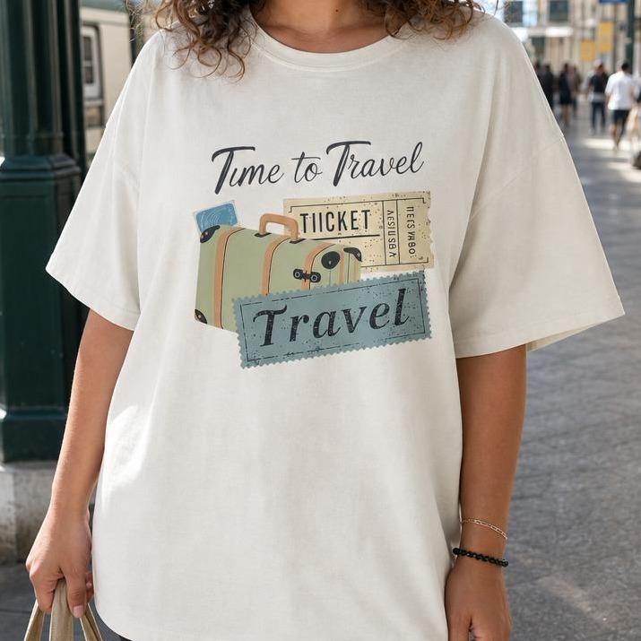Women's 100% Cotton Oversized Tshirt - Loose-Fit Short Sleeve, Round Neck, Drop Shoulder, Breathable, Retro Suitcase Graphic Print, Travel-Themed for Vacation Airport Casual Wear, Oversized Tshirt Women