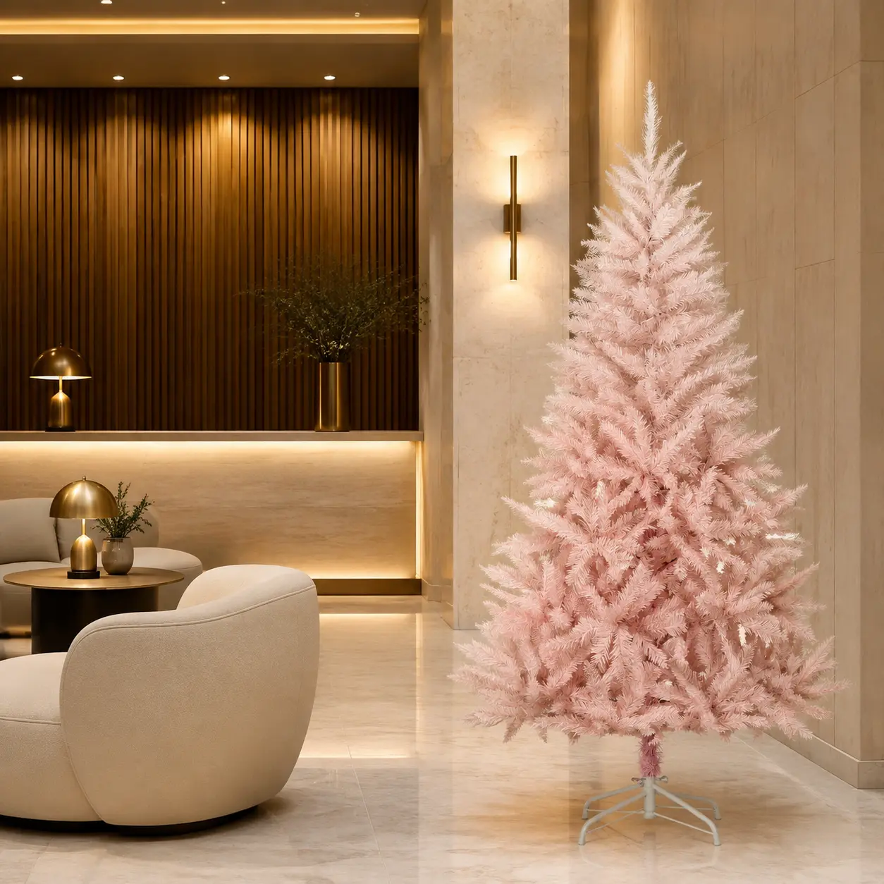 Pink Artificial Christmas Tree - 7ft Tall, 4ft Wide, Full Shape, Hinged Design with Metal Base, Unlit Fluffy Branches, Ideal for Indoor Holiday Decor & Family Gatherings