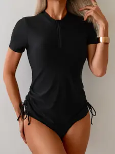 Women's Two-Piece Tankini Set, Solid Color Short Sleeve Zipper Drawstring, Beach Swimwear Summer Vacation Style