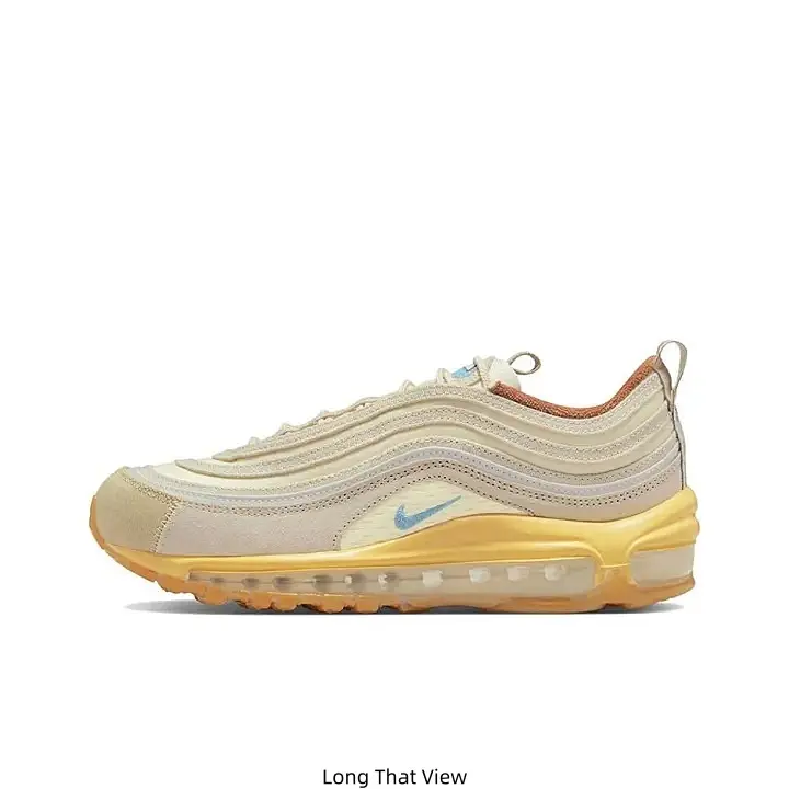Low Top Full Air Cushion Running Sneakers Multi-Tone Cream Beige Fabric Upper Light Blue Nike Swoosh Logo Brown Fabric Collar Vintage Yellow Air Cushion Midsole Yellow Rubber Anti-Slip Outsole Lace-Up Breathable Casual Sports Trainers for Men Women