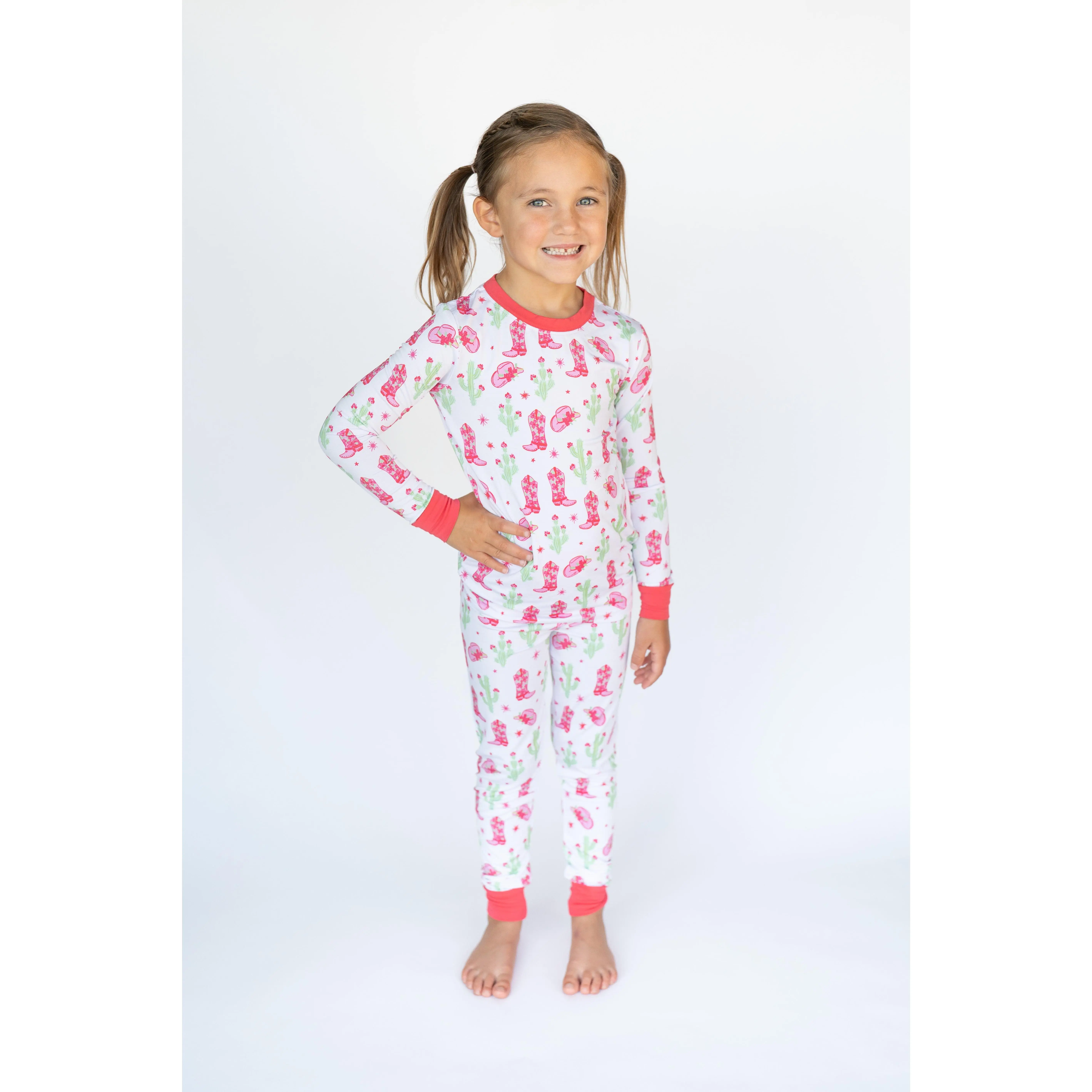 Cactus Cowgirl Two Piece Bamboo Pajama Set for Kids |  Soft Stretchy & Breathable Pink Cactus Print Cowboy Boots & Hats Design Machine Washable Comfortable Sleepwear