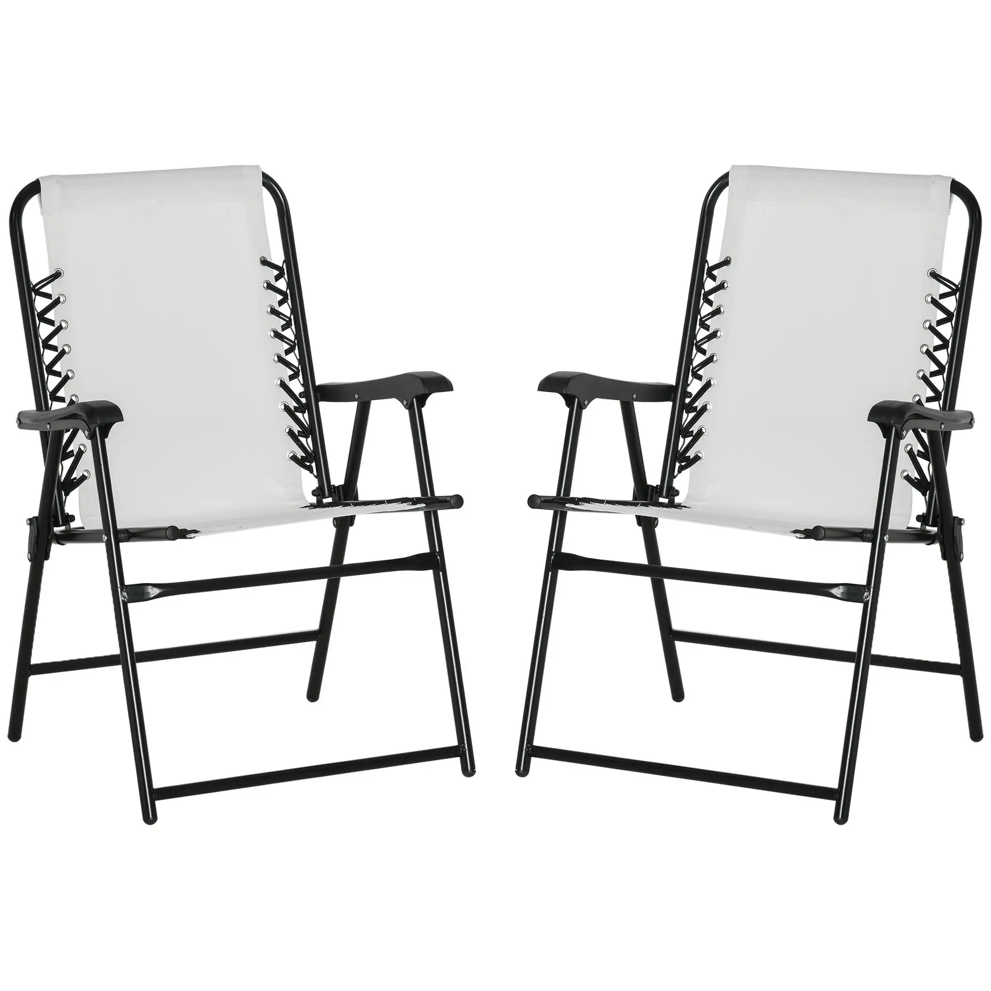 Outsunny Set of 2 Patio Folding Chairs, Outdoor Bungee Sling Chairs w/ Armrests, Portable Lawn Chairs for Camping, Garden, Pool, Beach, Backyard, Gray