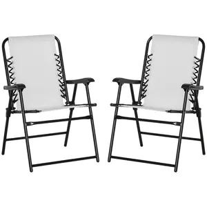 Outsunny Set of 2 Patio Folding Chairs, Outdoor Bungee Sling Chairs w/ Armrests, Portable Lawn Chairs for Camping, Garden, Pool, Beach, Backyard, Gray
