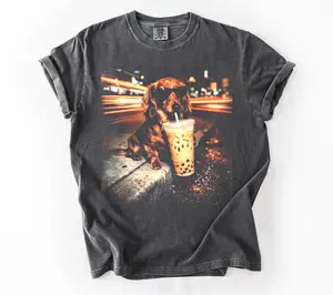 Comfort Colors Funny Dachshund Drinking Iced Coffee T-shirt, Vintage Dog Shirt, Wiener Dog Tee, Sausage Dog Unisex Tee, Dog Lover Shirt