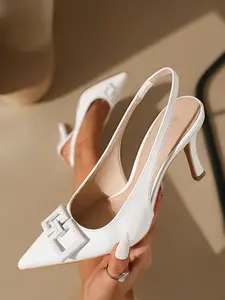 Women's New Fashion Elegant Pointed Toe Low Heel Square Buckle High Heels, PU Leather, Plain Pattern, All Seasons, Versatile Shoes