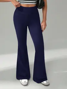Navy blue high-waisted stretch flared pants — tummy control, butt lift, great drape; suitable for workouts and commuting; wear two ways; slimming long pants with a slight flare.