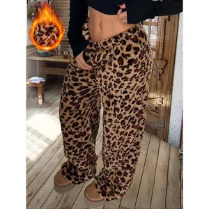 Women's fluffy leopard print pants with low waist elastic drawstring, long loose pants, casual leopard print Palazzo pants set, casual and fashionable pants, comfortable wide leg loose pantsRAIMENTRY