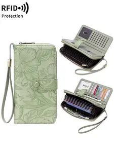 Ladies' Large Capacity Long Wallet, Flower Print, RFID Anti-Theft, Organ Style Cash Compartment Wallet, Multiple Card Slots For Credit Card Storage, Equipped With Wristband, Multifunctional Fashionable Handbag, Suitable For Daily Portable Use