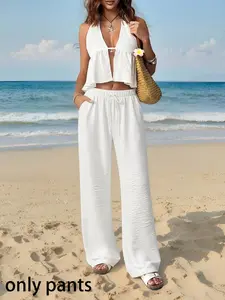 Women's White Wide Leg Drawstring Pants, Comfy Textured High Waist Pants For Summer Beach & Daily Wear