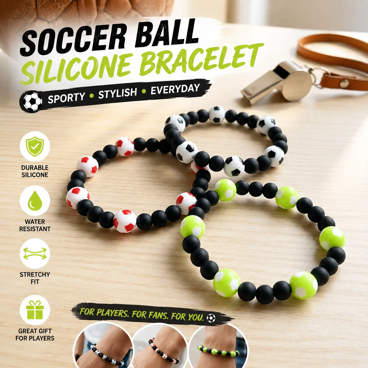 Adjustable Neon Green Bracelets, 3 Pcs Beaded Soccer Ball Design, Unisex Elastic Stretch Fit Wristband for Team Games, Beads, Sports Events, Plain
