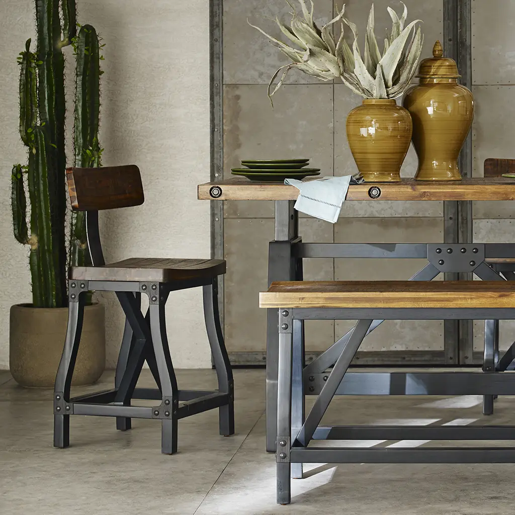 Dreamzon Armless Rectangular Industrial Counter Stool - Acacia Wood, Rivet Detail, Removable Back, 17.5"w x 21.75"d x 38.5"h, Modern Indoor Furniture for Home Dining Room