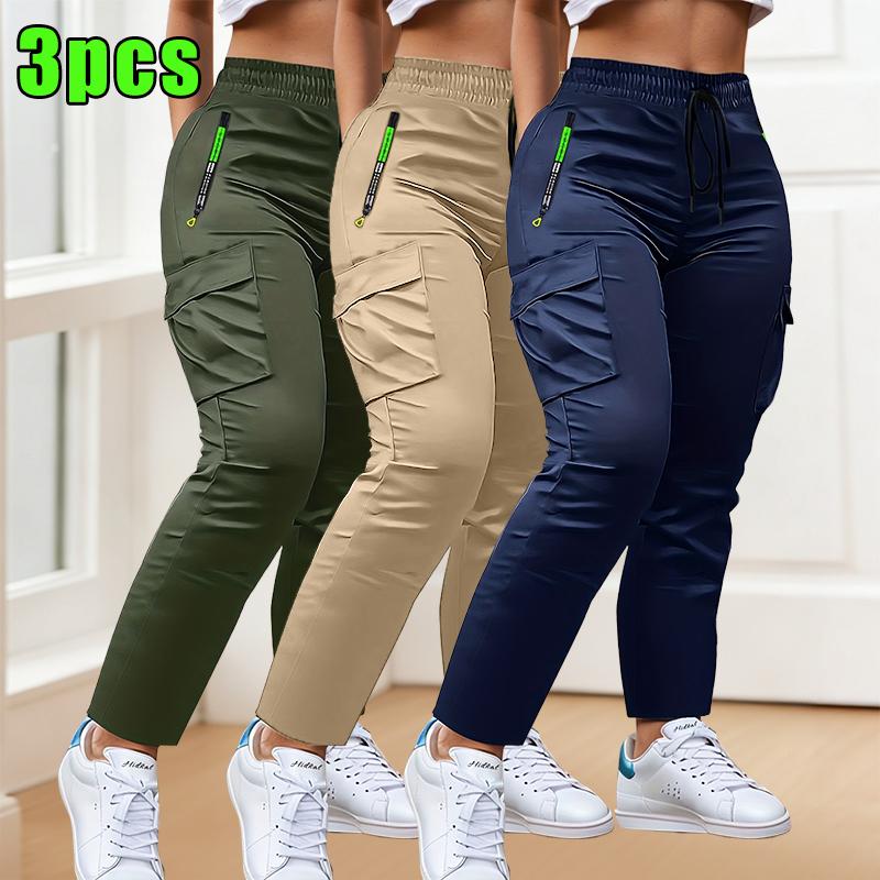 3-Pack women's multi-pocket thin overalls, four-season drawstring fashion pull-pocket design straight casual trousers, suitable for outdoor sports and daily appointments Summervibes