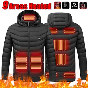 Winter Men's Heated Jacket, 9-Heat Zone, Trendy Casual Zip-up Jacket With Hat, 3 Gear Temperature Control, Winter Outing Warm Jacket Outwear, Machine Washable, Winter Gifts (Battery Not Included)