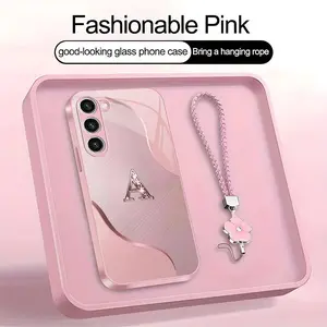 Wave Art 26 letter Phone Case, Suitable for [Galaxy S23+] high-end women's, Lanyard a beautiful four-leaf clover lanyard is included🍀 952