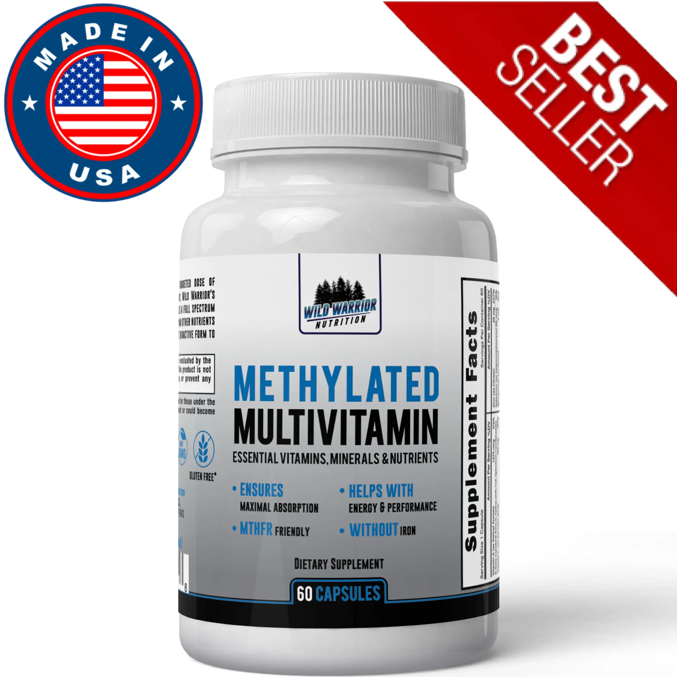 Wild Warrior Nutrition Methylated Multivitamin for Adults - 60 Capsules, Without Iron, CoQ10, Active B12, L-Methylfolate, Essential Vitamins & Mineral