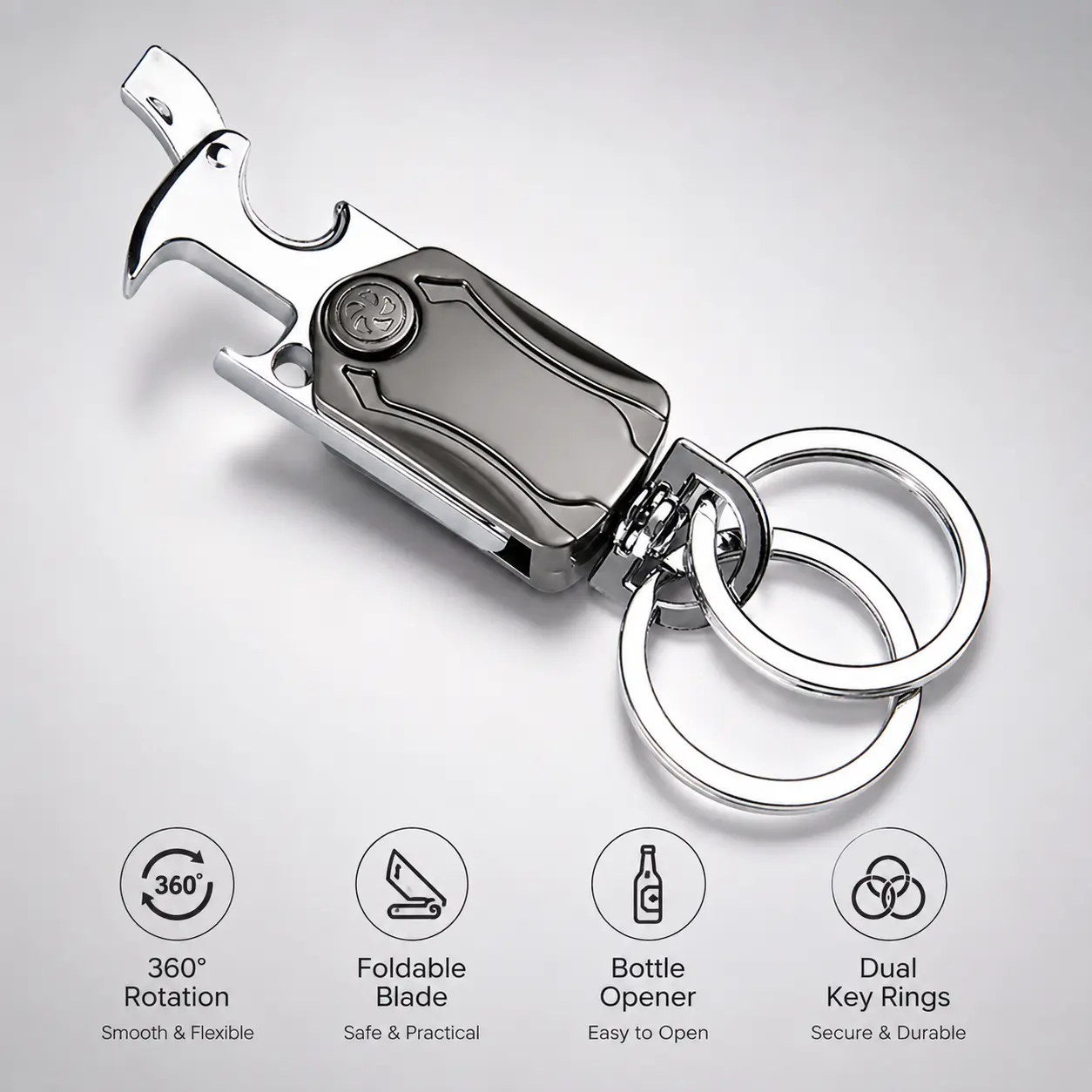 1 Count Zinc Alloy Multi-function Key Chain with Fidget Spinner, Box Cutter, Bottle Opener and Phone Stand for Daily Portable Use