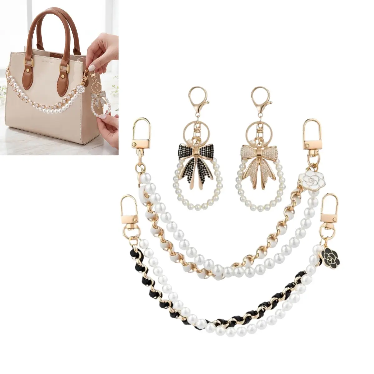 4-Piece Purse Charm Set — 2 Pearl Chains, White Rhinestone Bow Keychain & Gold-Tone Bag Chain, Cute Bag Charms for Handbags, Wallets & Crossbody Bags