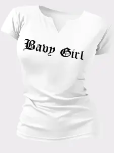 2026 New Women's V-Neck Short Sleeve T-Shirt, Casual Baby Girl Letter Print, Small Opening Neck Design, Breathable Comfort, Suitable for Spring and Summer