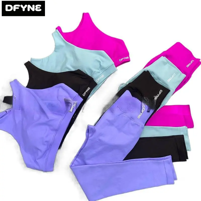 DFYNE Women's 2 Piece Workout Set Seamless High Waisted Tummy Control Leggings and Strappy Sports Bra Scrunch Bum Yoga Outfit