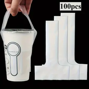 100pcs Transparent Durable Beverage Bags with Handles,Cup Options for Coffee Shops, Restaurants & Catering Services - Portable Food-Safe Takeout Bags for Hot/Cold Drinks