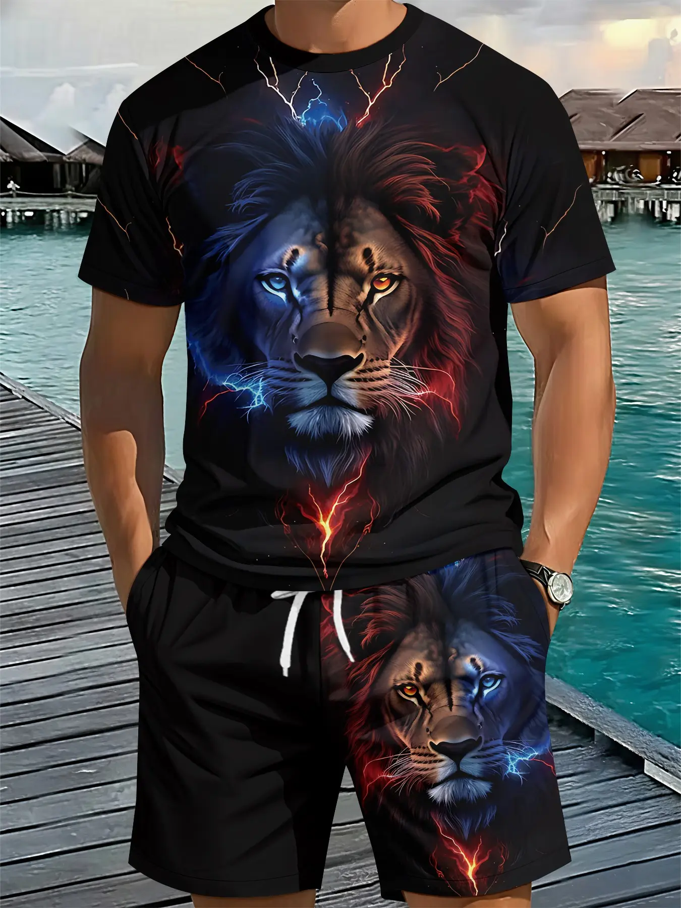 Men's 3D Digital Printed Two-Piece Set with Black Background, Double Lions and Thunder Pattern, Vacation-style Trendy Outfit, Breathable Sports Casual Style, Fashion Clothes