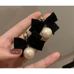 Handmade Black Silk Ribbon Bow Earrings | Romantic Elegant Pearl Drop Earrings Half Gold Hoop Earrings