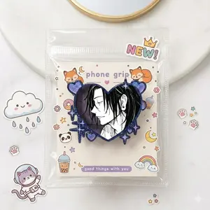 Anime Heart Phone Grip – Edgy Black & White Manga Character, Kawaii Teen Phone Holder for Anime Fans