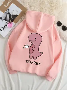 Plus Size Cartoon Dinosaur Print Drop Shoulder Hoodie, Fashion Casual Drawstring Pocket Hooded Sweatshirt for Daily Holiday Outdoor Wear, Women Plus Clothing for Fall & Winter