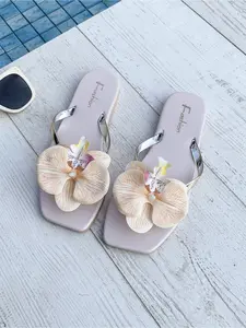 2026 New Butterfly Orchid Flower Square Toe Flip Flops For Women, Vacation Beach Slides, Non-Slip Flat Sandals