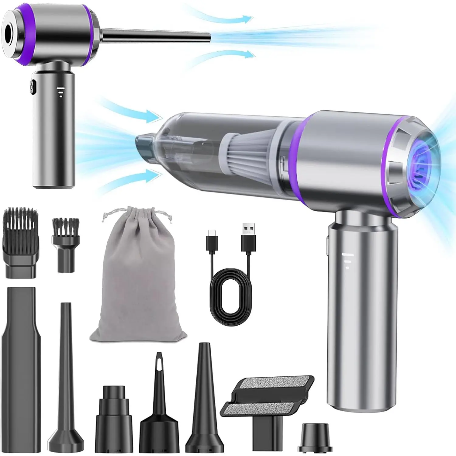 Cordless Handheld Mini Car Detailing Vacuum Cleaner - 20KPa Max Brushless, 3-Speed, 6000mAh, HEPA Filter, Cleaning Kits, Accessory Kit, Blow/Seal/Inflate Air Duster for Car Interior Care, Office Use