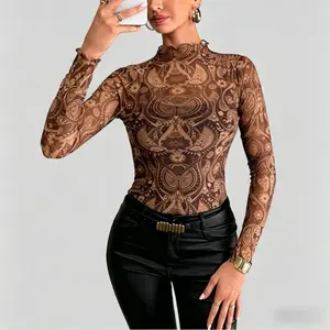 Women Leopard Print Ruffle Mesh Top Long Sleeve Sheer Blouse for Date Night Party Going Out Active Soft Motion