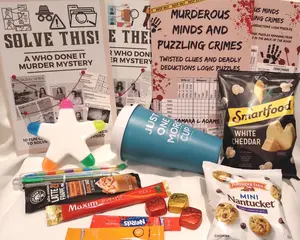 True Crime Logic and Solve the Crime Gift Box with Logic Puzzles Book Who Done It Murder Mystery Snacks Drinks to Help Escape the Box