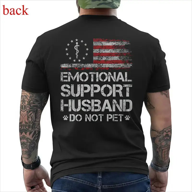 T - shirt with ‘EMOTIONAL SUPPORT HUSBAND’ Vibrant Flag Motif – USA Vibe