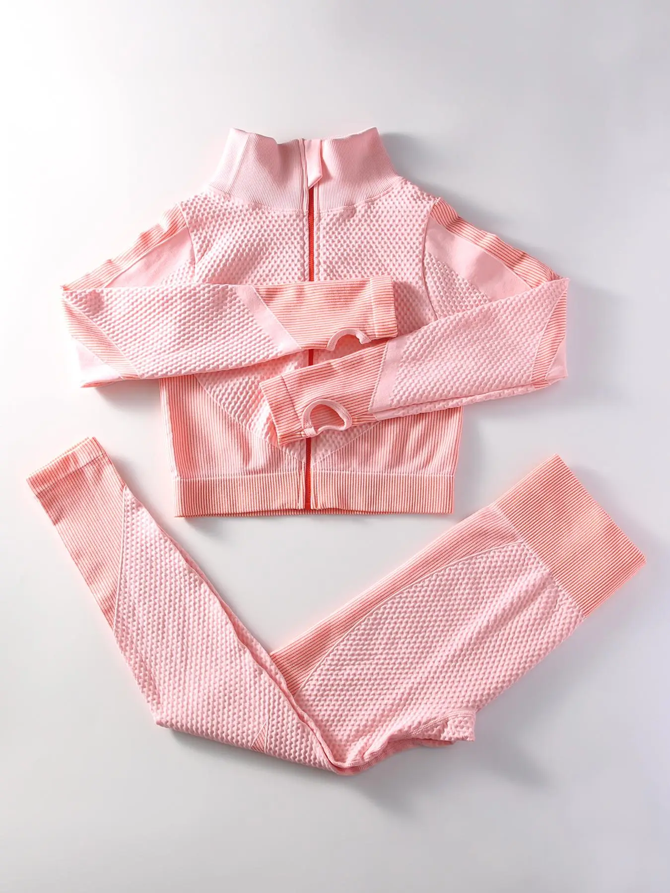 Two-Piece Set Women's Solid Textured Zip Up High Neck Jacket & High Waist Leggings Tracksuit Set, Sporty Breathable Quick Drying Seamless Workout Set