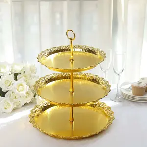3-Tier Plastic Round Cupcake Stand 15" Metallic Gold with Lace Scalloped Edges - Decorative Space Saving Dessert Display Tower Pastry Serving Tray for Weddings & Cocktail Parties