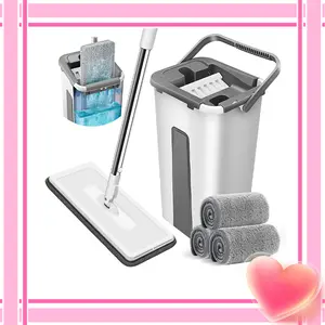 [ Valentine's Day gifts ] Saker Mop and Bucket Set with Dryer for Floor & Wall Cleaning, Adjustable Handle, 3 Washable Microfiber Pads, Hygienic Dual-Bucket System, Kitchen Essential